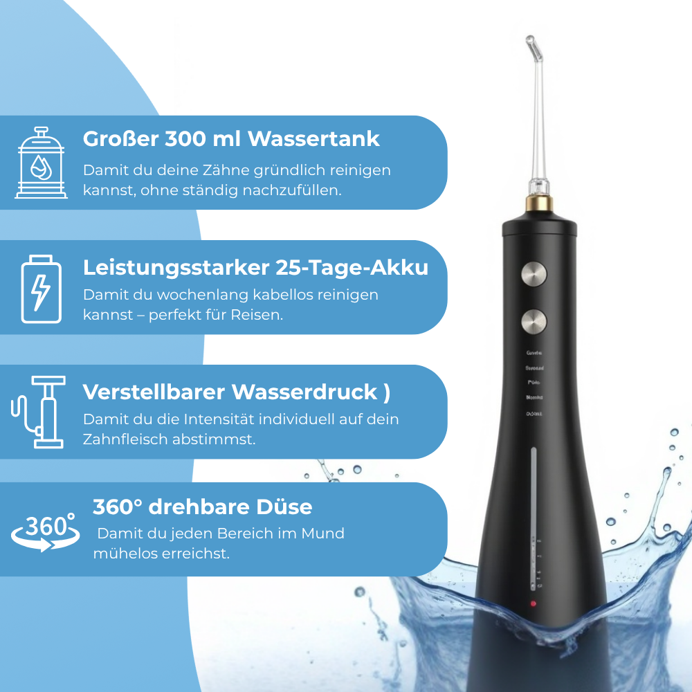 Hydropulseur sans fil pour un soin efficace des dents et des gencives avec 4 modes et 4 embouts, réservoir d'eau de 300 ml, pression d'eau de 30 à 120 PSI et protection contre l'eau IPX7